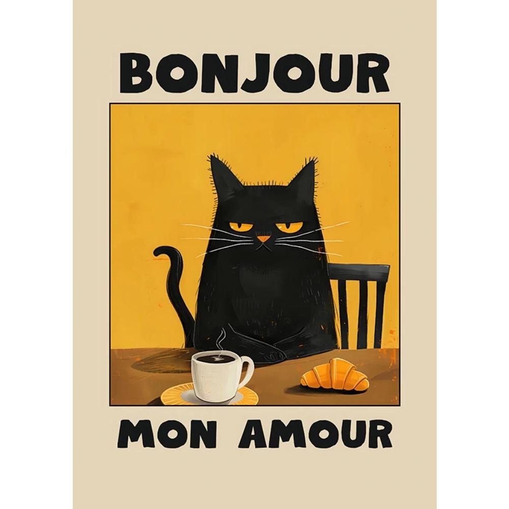 Japanische Katze isst Nudeln Leinwandposter Katze Kaffee Bonjour Mon Amour Küchenwandkunst Drucke für modernes Wohnzimmer Heimdekor
