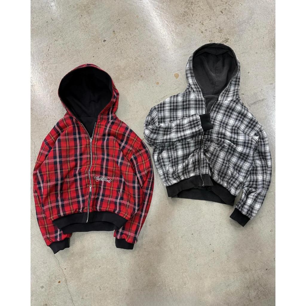 STREETRICH Herbst und Winter Neu Amerikanischer Retro Stehkragen, Vorne und Hinten Locker Arbeitskleidung, Karierte Kapuzenjacke