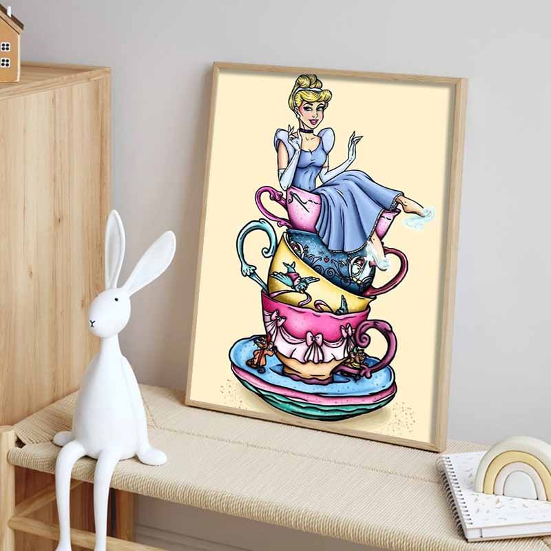 Disney Diamond Painting Cinderella Teacup Stacking Creative Illustration Cartoon Diamond Painting Full Diamond Cross-Stitch DIY Gift Home Decoration