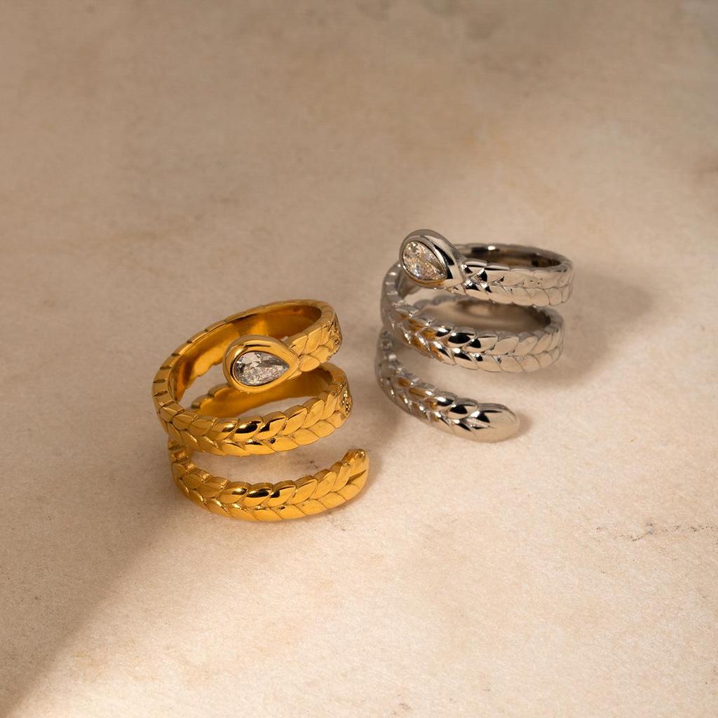 18K Gold Snake-Shaped Ring with Zircon Inlay, Size 7 - European & American Style, Non-Fading Jewelry