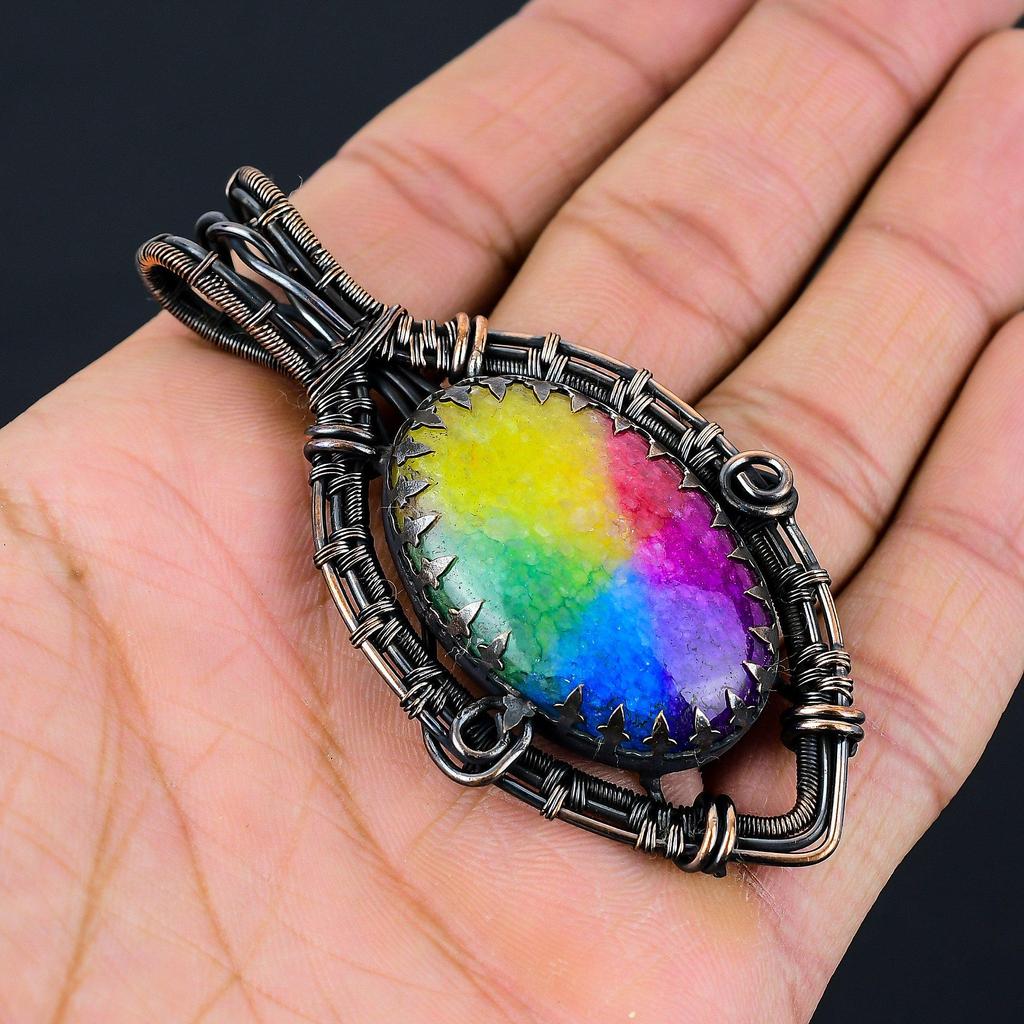 Rainbow Solar Quartz Gemstone Pure Copper Wire Wrapped Handmade Pendant Jewelry