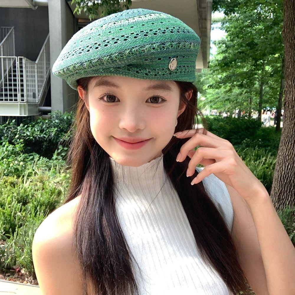 Japanese Style Hollowed Out Beret Hat Fashionable Crochet Knitted Cap Weave Painter Hat  Summer