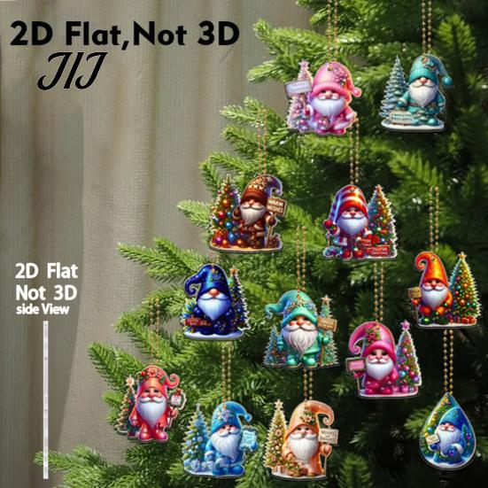 Colorful Tree Hanging Ornaments 12Pcs Christmas Gnome Ornaments, 2D Flat Pendants, Acrylic Xmas Festive Home Holiday Supplies Decorations with