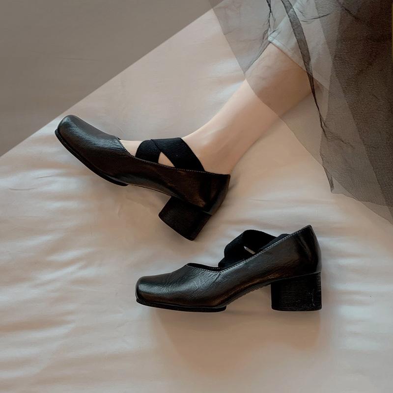 Heels Women Shoes Leather Mary Jane Single Shoes Retro Cross Strap Square Head Comfortable Thick Heel High Heel Ballet Shoes