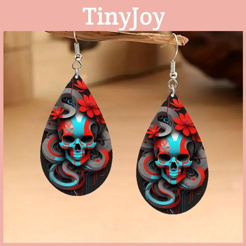 Halloween Themed Flower Skull Patterns Water Droplet Shaped Women Earrings