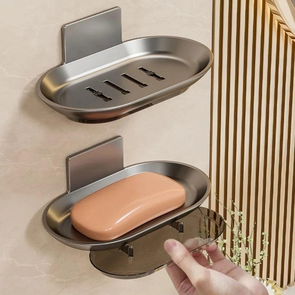 2Pcs Aluminum Wall-mounted Soap Dish Punch-Free Soap Storage Tray Soap Drain Box  Household