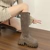 2025 Suede Sleeve Thick Bottom Thick Heel Elastic Legs Thin Brown Tall Martin Boots Women's Spring and Autumn Boots Retro Style