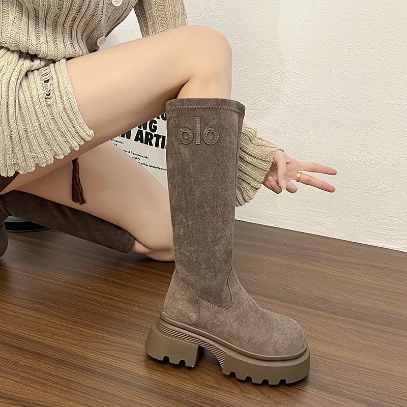 2025 Suede Sleeve Thick Bottom Thick Heel Elastic Legs Thin Brown Tall Martin Boots Women's Spring and Autumn Boots Retro Style
