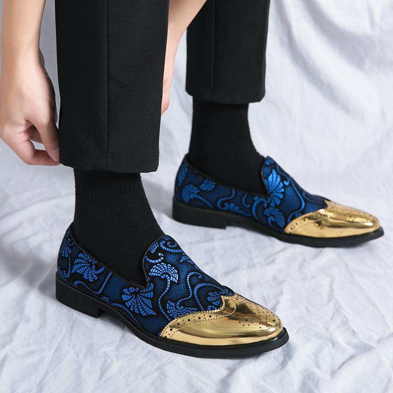 Fashion New Men Dress Leather Shoes For Men Classic Gentleman Wedding Prom Shoes Men Luxury British Gold Blue National Pattern Oxfords