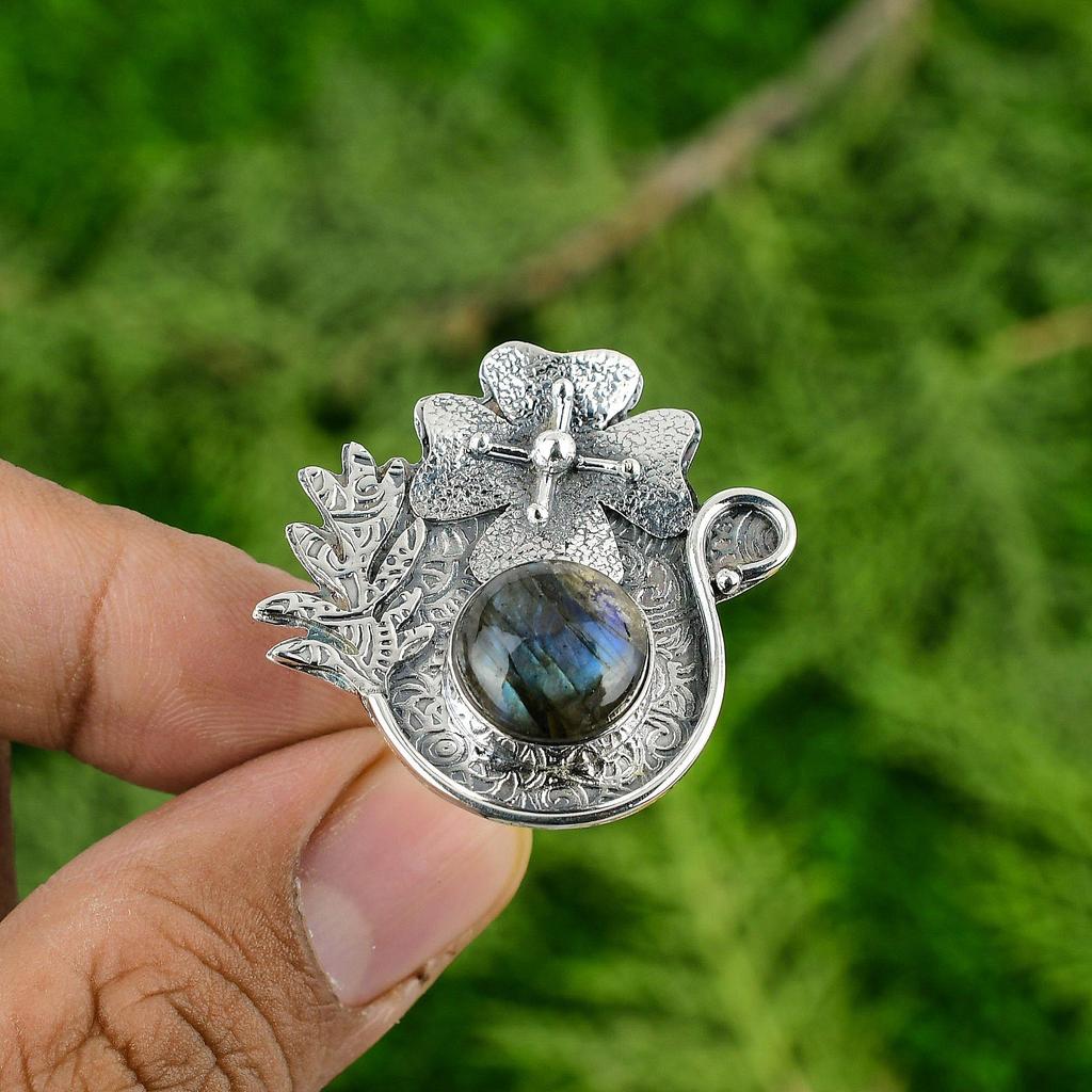 Gift For Her Natural Labradorite Statement Flower Adjustable Ring 925 Silver