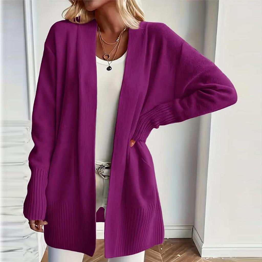 Women's Long Sleeved Solid Color Medium Length Knitted Cardigan Jacket Sweater Knitted Sweater