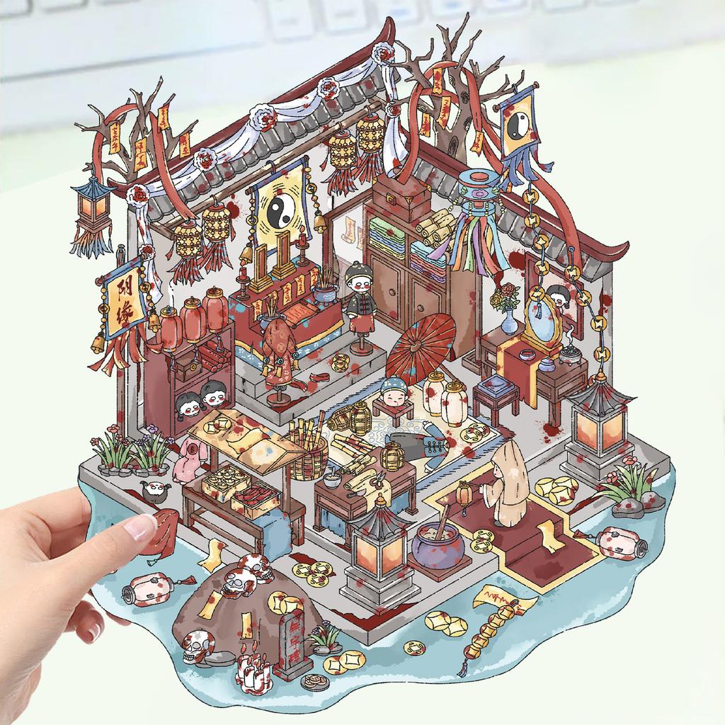 Kreslené krajinné samolepky Vícenásobný miniaturní svět 3D chata Rozbalit DIY scéna Ruční příspěvek