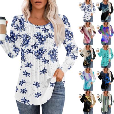 Long Sleeve Shirts For Women Cute Print Graphic Tees Blouses Dressy Casual Blouses Pleated Scooped Neck Tunic Tops
