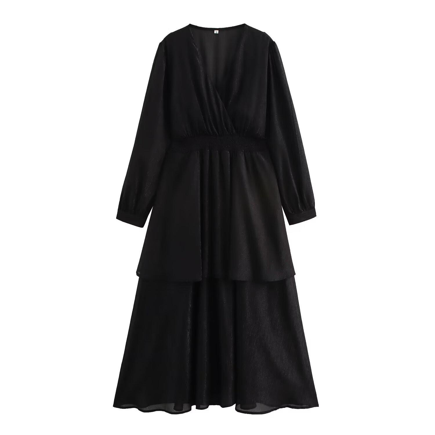 

Весна 2025 Женское повседневное шифоновое платье с V-образным вырезом и длинным рукавом, с золотой и серебряной нитью M чёрный