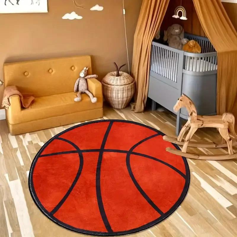 Basketball Pattern Round Rug Non-Slip Washable Home Decor Living Room Sofa Decor Boys Bedroom Plush Floor Mats