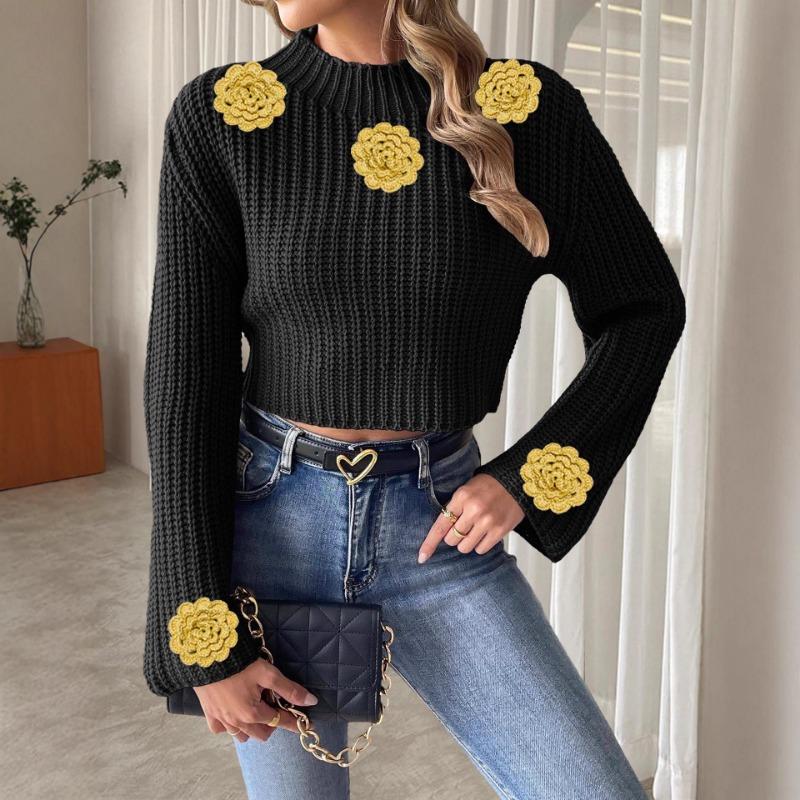 Women's Short Navel Top Knitted Sweater Autumn and Winter Hand Hooked Flared Sleeve Half Turtleneck Pullover Sweater
