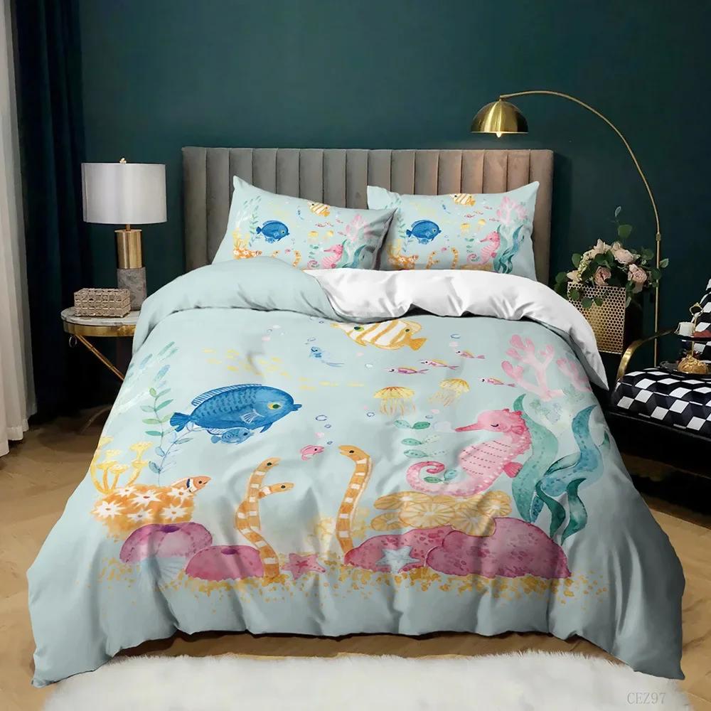 Ocean Bedding Set King/Queen Size Nautical Coastal Bedding,Hippocampus Comforter Cover For Kid Boys Girls,Sea Animal Duvet Cover