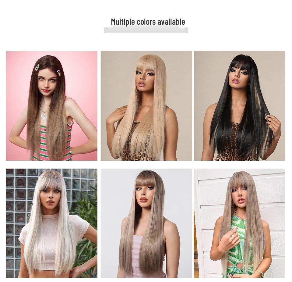 European Style Champagne Brown Long Straight Hair Wig with Bangs