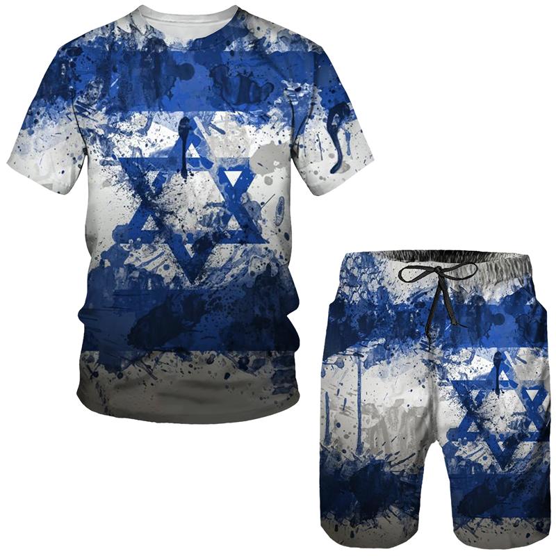 Summer Spain Flag 3D tisk Sada krátkých rukávů pro muže Mužské Barevné Funny Streetwear Dvoudílné tepláky Volné Hip Hop Streetwear