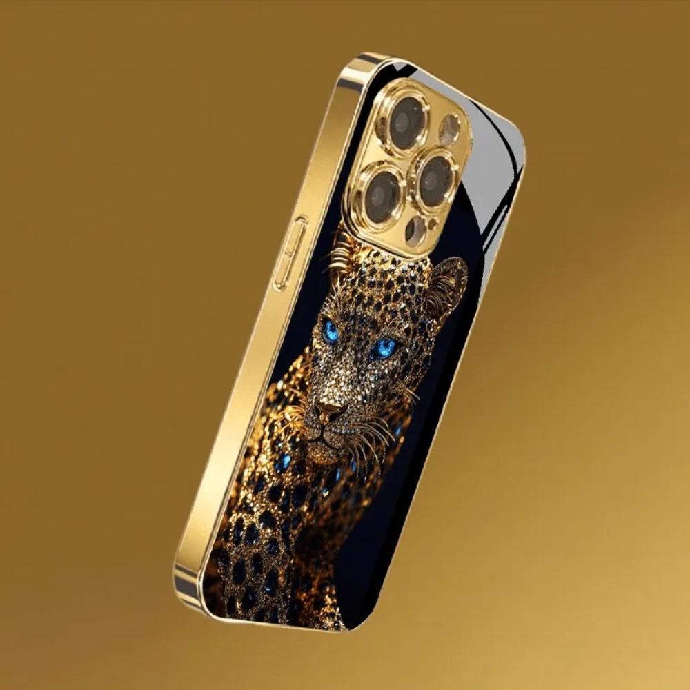 

Diamond Gold Leopard Print Metallic Paint Glass Phone Case For iphone 17 16 15 14 13 12 11 Pro Promax Plus Anti-drop protection For iPhone 14