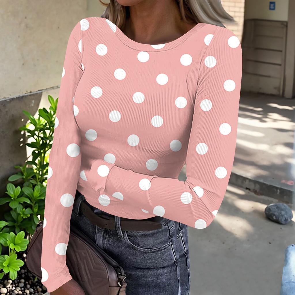 Women's Casual Polka Dot Long Sleeve Top, Round Neck Ribbed Blouse for Daily Wear