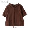 Korean Fashion Summer Women Oversized Cardigan Hooded Coffee Purple Cotton Linen Casual Loose Blouse Plus Size Vintage Ladies Thin Coat