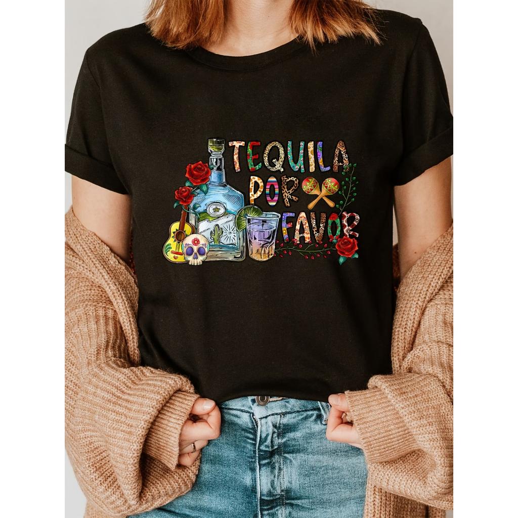 Tequila Print Crew Neck T-shirt, Short Sleeve Casual Top for Summer & Spring, Women's Clothing