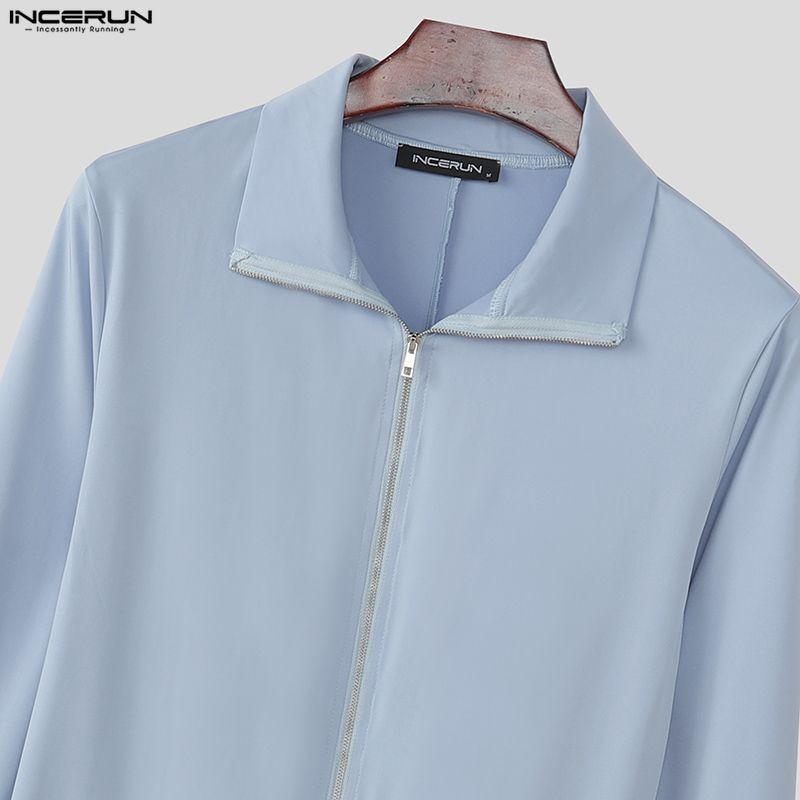 INCERUN Men High Neck Long Sleeve Zip-up Rib Jumpsuits Rompers Underwear