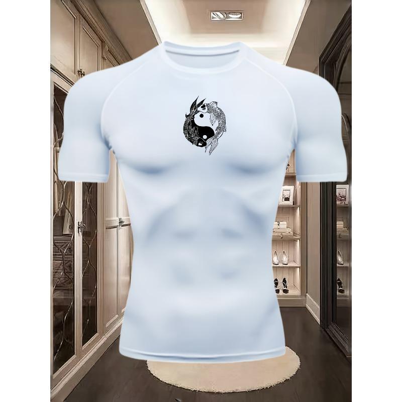 Men's Black Compression T-Shirt with Yin Yang Dragon Print, Elastic Quick Drying Breathable Gym & Martial Arts Training Top