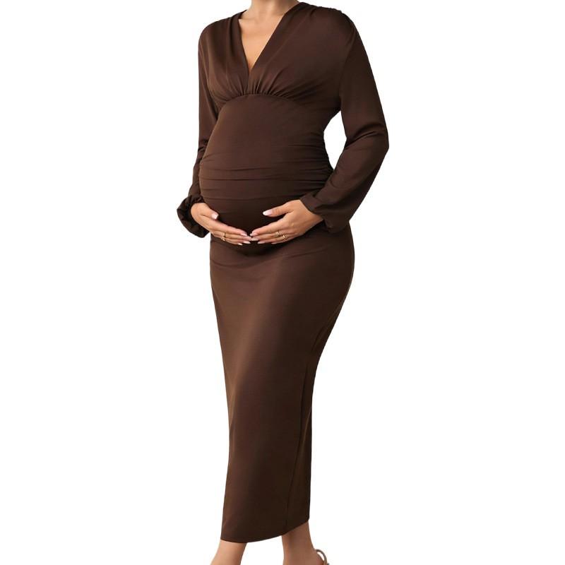 Maternity Long Sleeve V-Neck Wrap-Fit Stretch
