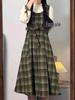 Green Plaid Puff Sleeve Waist-Cinched Two-Piece Patchwork Dress for Female Students - Slimming Long Dress for Spring and Autumn