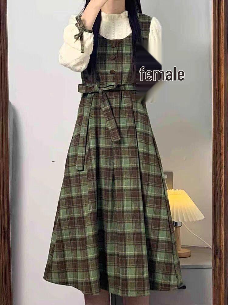 Green Plaid Puff Sleeve Waist-Cinched Two-Piece Patchwork Dress for Female Students - Slimming Long Dress for Spring and Autumn