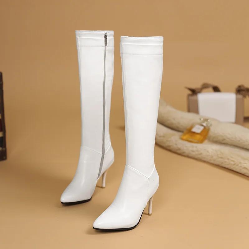 Autumn Winter Women Knee High Boots White Black High Thin Heel Club Dress Office Lady Pointed Toe Zipper Plush Long Riding Boots