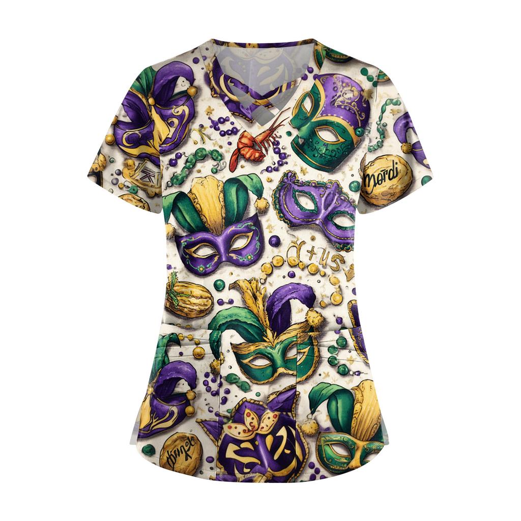 Women's Short Sleeve Stagger V Neck Print Pocket Dry- Top