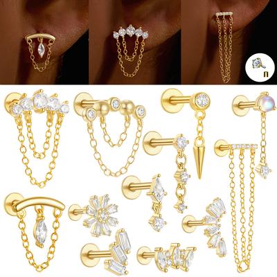 1PCS Copper Chain Tragus Stud Earrings Internal Thread Cartilage Helix Earring Stud Labret Piercing Body Jewelry Birthday Gift