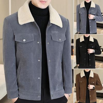 Men Jacket Coat Solid Color Lapel Button Closure Casual Jacket Thickened