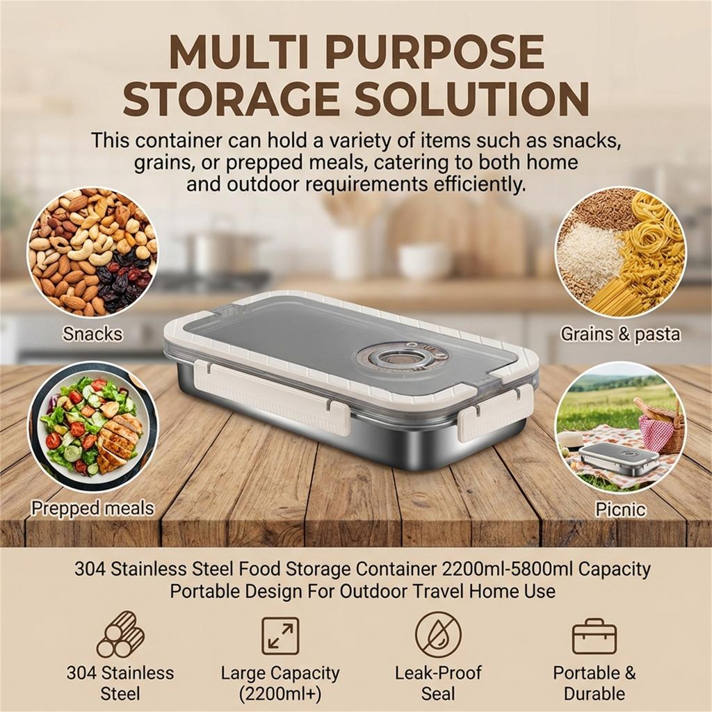 304 Stainless Steel Food Storage Container 2200ml-5800ml Capacity Portable Design For Outdoor Travel Home Use