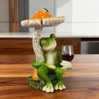 Statue de Grenouille Assise Champignon de Dessin Animé Tenant un Verre à Vin Figurine de Grenouille Buvant Sculpture d'Animal en Résine Décoration Ornement de Jardin Intérieur Extérieur Laine