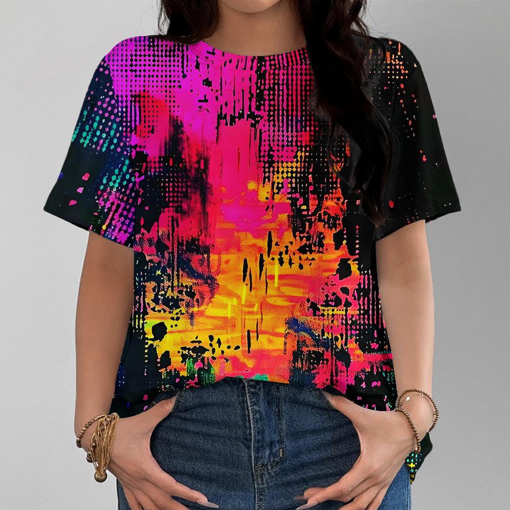

Креативная женская футболка Повседневная модная Удобный узор 3D-принт Многоцветная С коротким рукавом Повседневный универсальный топ 3XL