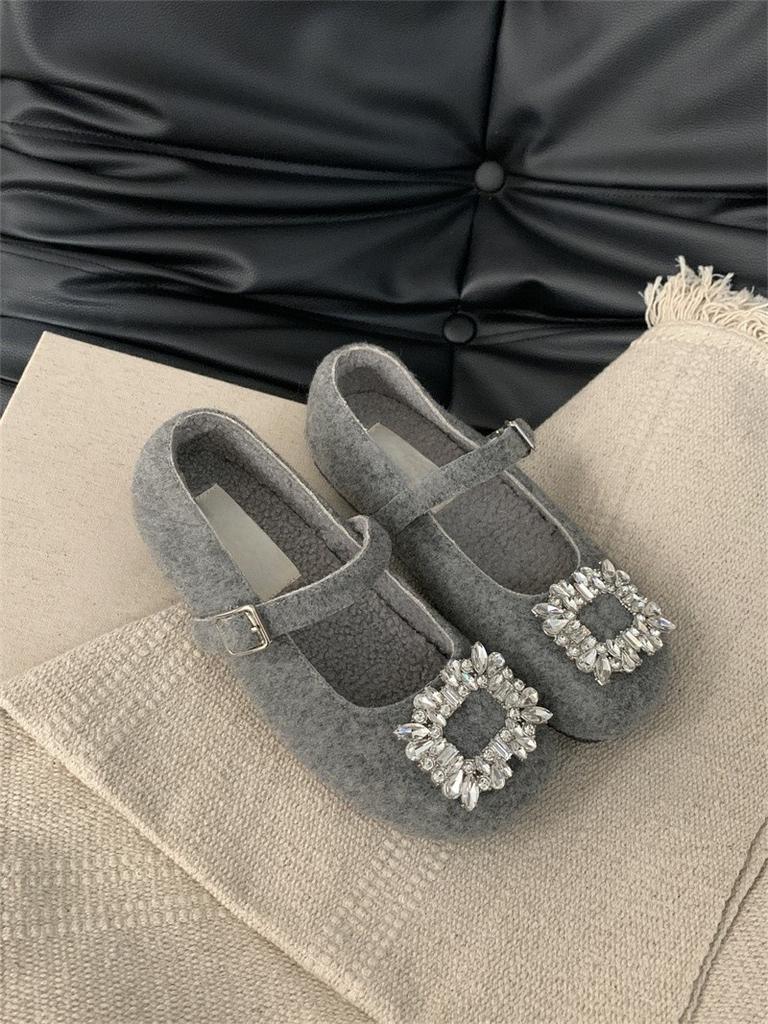 Flat bottom gray felt square head rhinestone single shoes 2025 autumn and winter velvet Mary Jane wool shoes