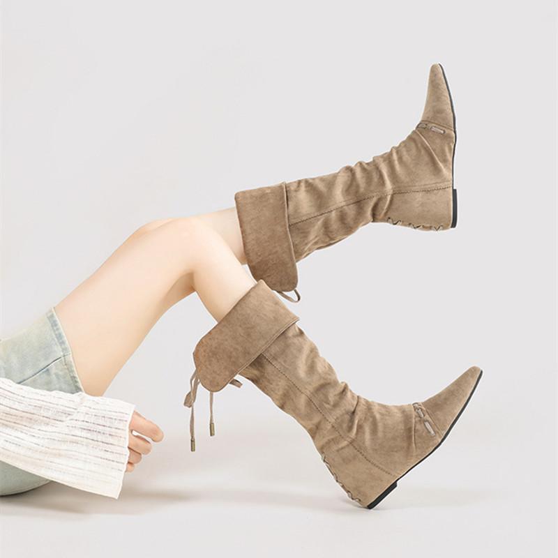 Fashion Autumn Winter Vintage Faux Suede Women Knee-high Boots Fashion Pleated Wedges Heeled Height Increasing Chelsea Long Boots Shoes