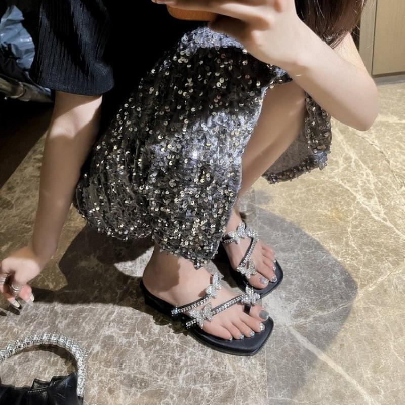 Fashion Women's Fashion Chunky Slippers Summer New Square Head Set Toe Rhinester Butterfly Knot Fine Belt High Heels