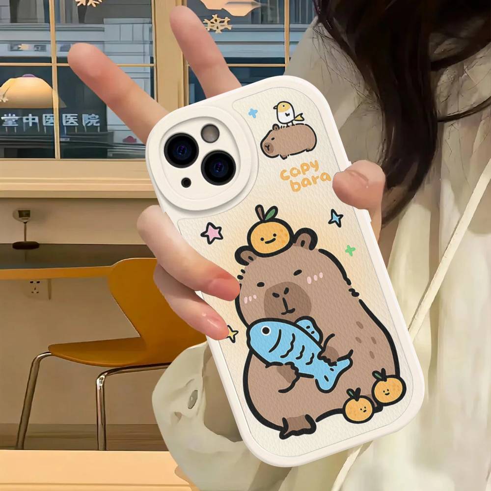 Cartoon Capybara Leather Phone Case For IPhone 16 16e 15 14 13 12 11 Pro Max Plus Mini Cover