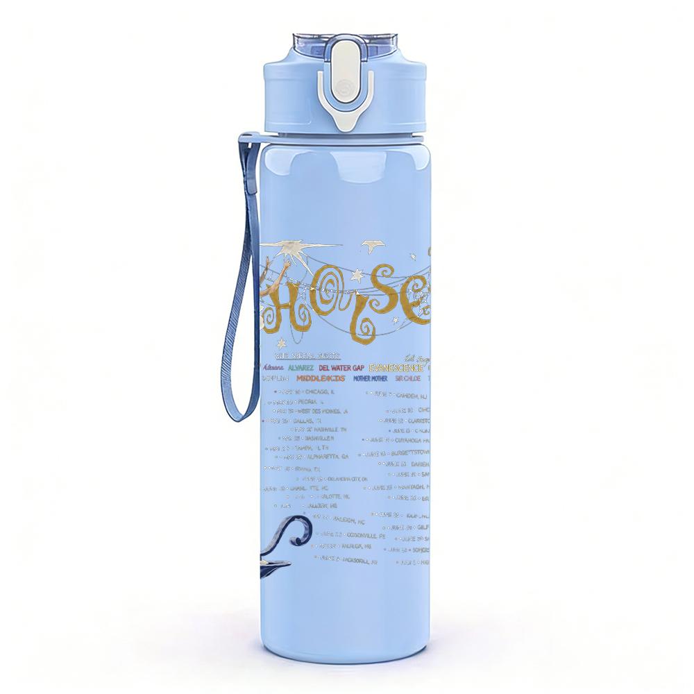1PC Vintage candle manuscript text print 750ml colorful plastic sports water bottle leakproof pop up lid with straw for outdoor work home use