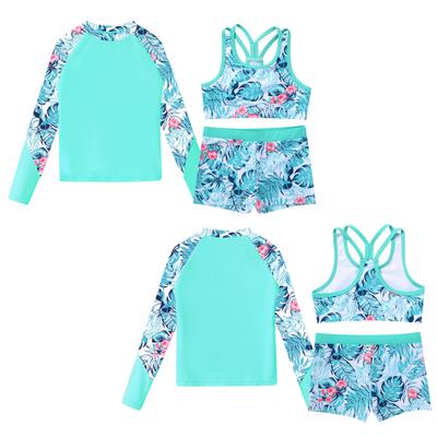 3Pcs Kids Girls Printed Swimsuit Set Long Sleeve Mock Neck Tops Rash Guard with Sleeveless Strappy Back Crop Top and Elastic Waistband Shorts for Bath