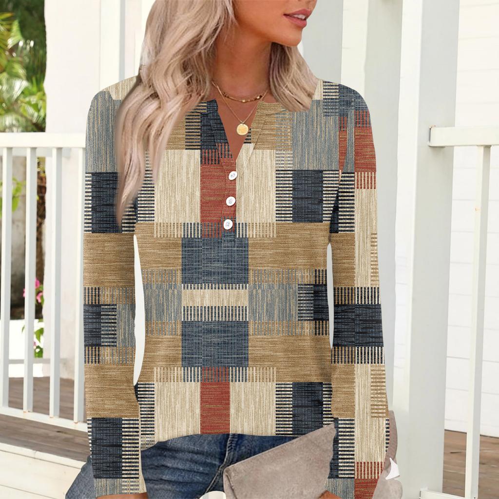 Women's Casual And Fashionable T-shirt, Vintage Geometric Print, Round Neck, Long Sleeves.