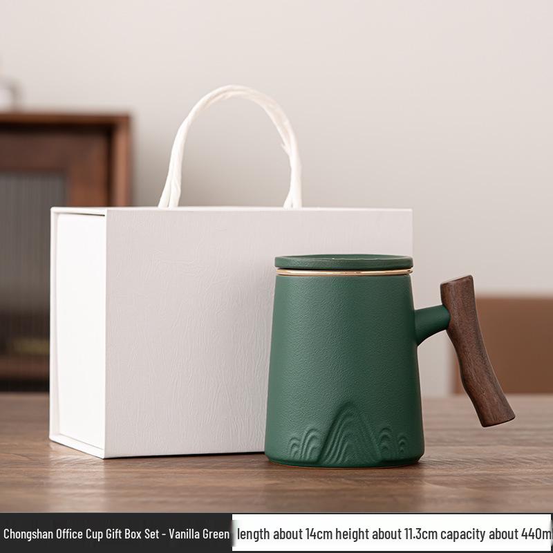 Ceramic Tea Cup with Water Separation, Large Capacity, All-Ceramic Filter, Walnut Wood Handle, Customizable Logo.