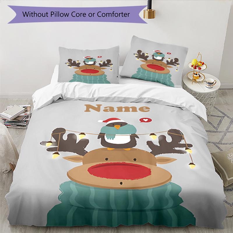 3pcs Custom Name Christmas Reindeer Bedding Set Duvet Cover Closure Includes 1 Duvet Cover & 2 Pillowcases, Soft and Comfortable for All Seasons.