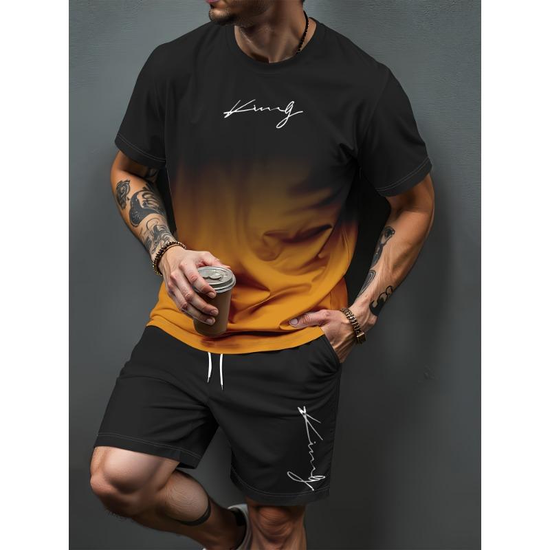 Heren Zomer Casual T-shirt en Korte Broek Set Verloop Letterpatroon Sportieve Tweedelige Set Stedelijke Mode Casual Trend Set