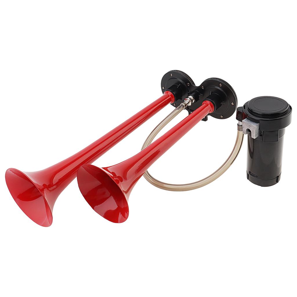 12V 150dB Super Loud Dual Trumpet Air Horn with Compressor - Red Musical Sound for Trucks, Lorry, Trains, Boats, Cars, Van & Ship